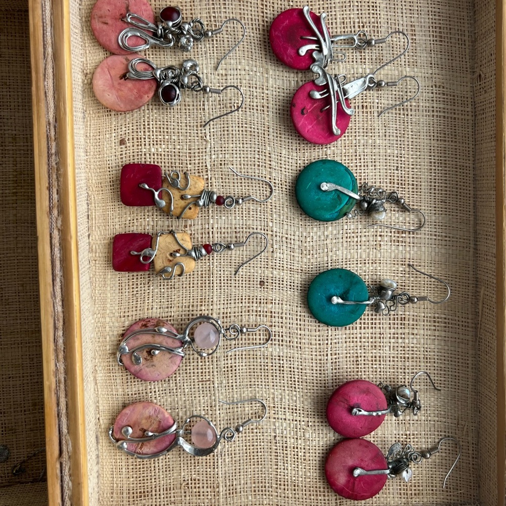 Vibrant Pink and Green Dangle Earrings with Silver Accents